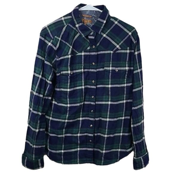 Jachs Girlfriend Bea Plaid Pearl Snap Button Down Blu Flannel Denim Collar Shirt - Picture 8 of 10